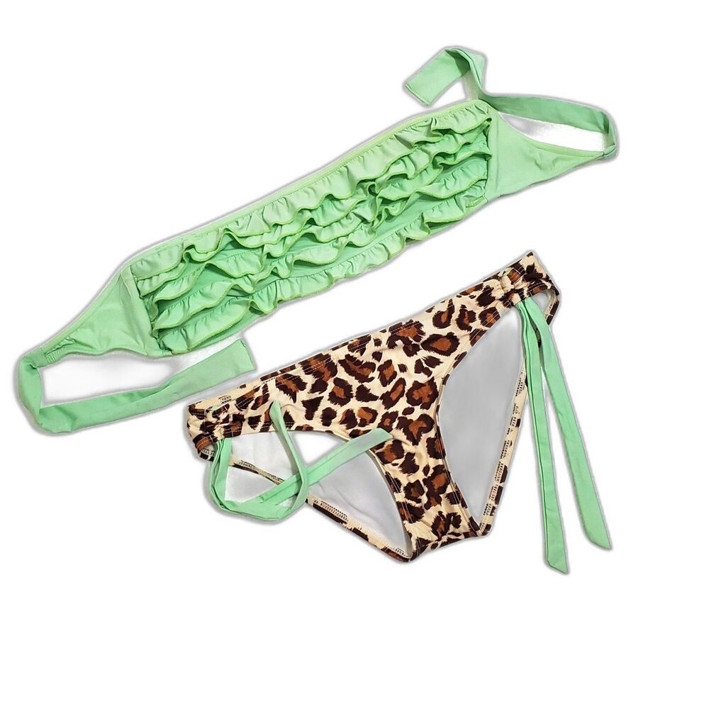 Gianni Bini Ruffle Bandeau Strapless Seafoam Leopard Print Bikini Swim Suit